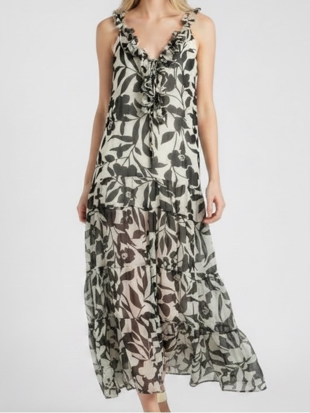 Supernatural by Secret Mission Ruffle Maxi Dress - Black & Cream
